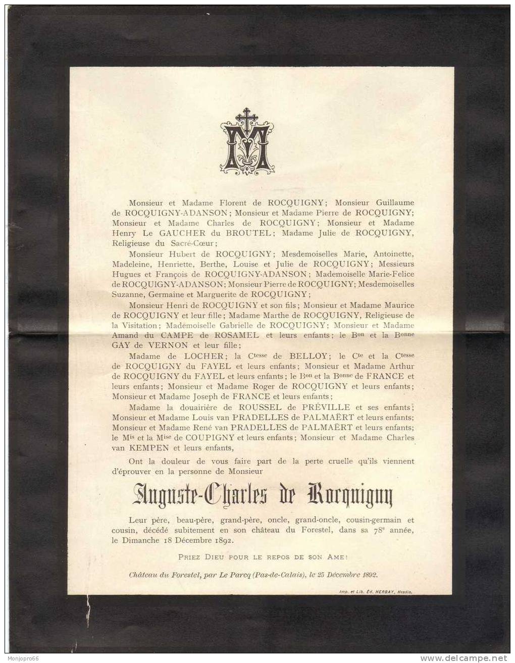 Enveloppe/Avis De Décès De Auguste Charles De ROCQUIGNY Décédé Le 18 Décembre 1892 En Son Château Du Forestel - Other & Unclassified