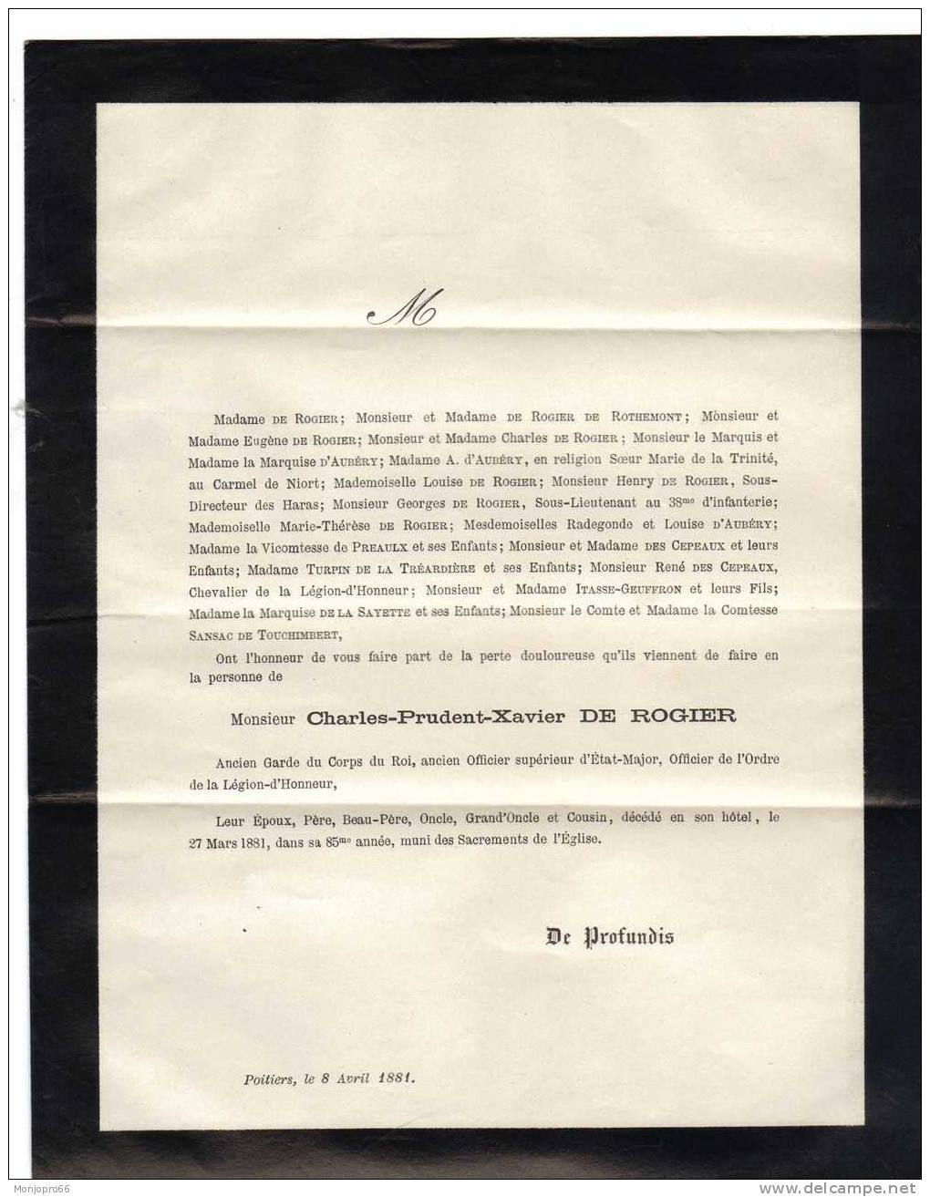 Enveloppe/Avis De Décès De M. Charles Prudent Xavier DE ROGIER Décédé Le 27 Mars 1881en Son Hôtel De Poitiers - Other & Unclassified