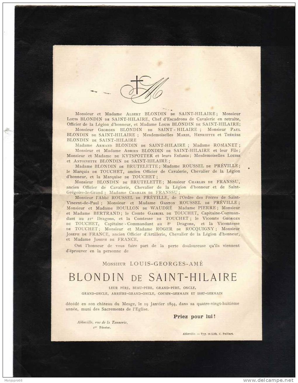Enveloppe/Avis De Décès De M. Louis Georges Amé BLONDIN De SAINT HILAIRE Décédé Le 19 Janvier 1894 En Son Château - Other & Unclassified