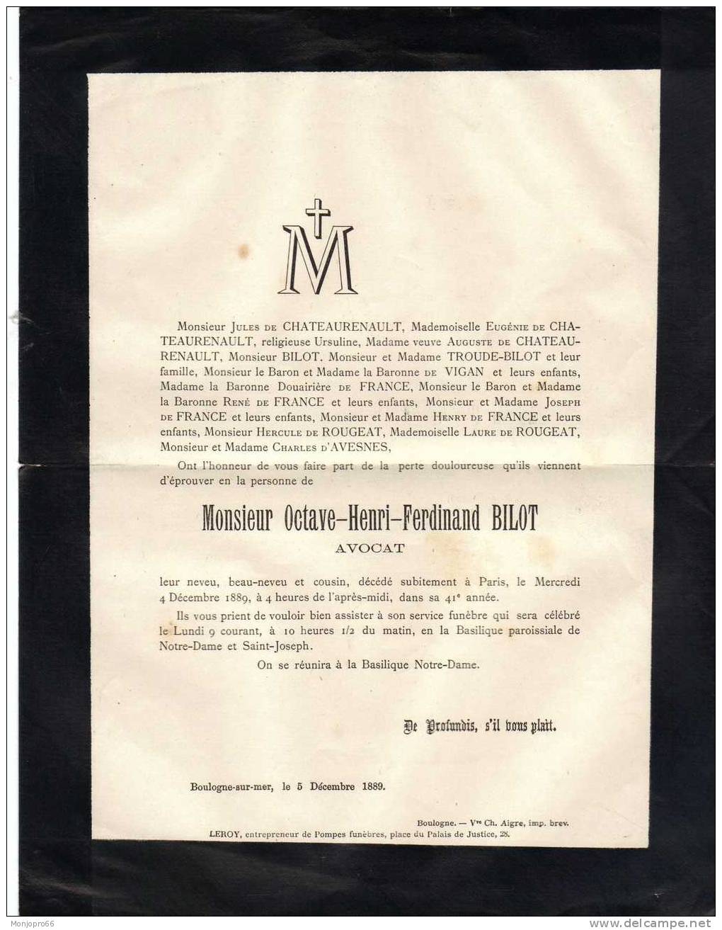 Enveloppe/Avis De Décès De M. Octave Henri Ferdinand BILOT Avocat Décédé Subitement Le 4 Décembre 1889 à Paris - Other & Unclassified