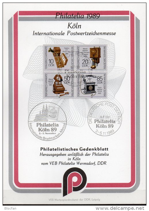 Gedenkblatt Expo Köln 1989 DDR 3226/9 4-Block Gbl.A5/ 417 O 12€ Fernsprech-Apparate Telefon Bf Sheet Document Of Germany - 1° Giorno – FDC (foglietti)