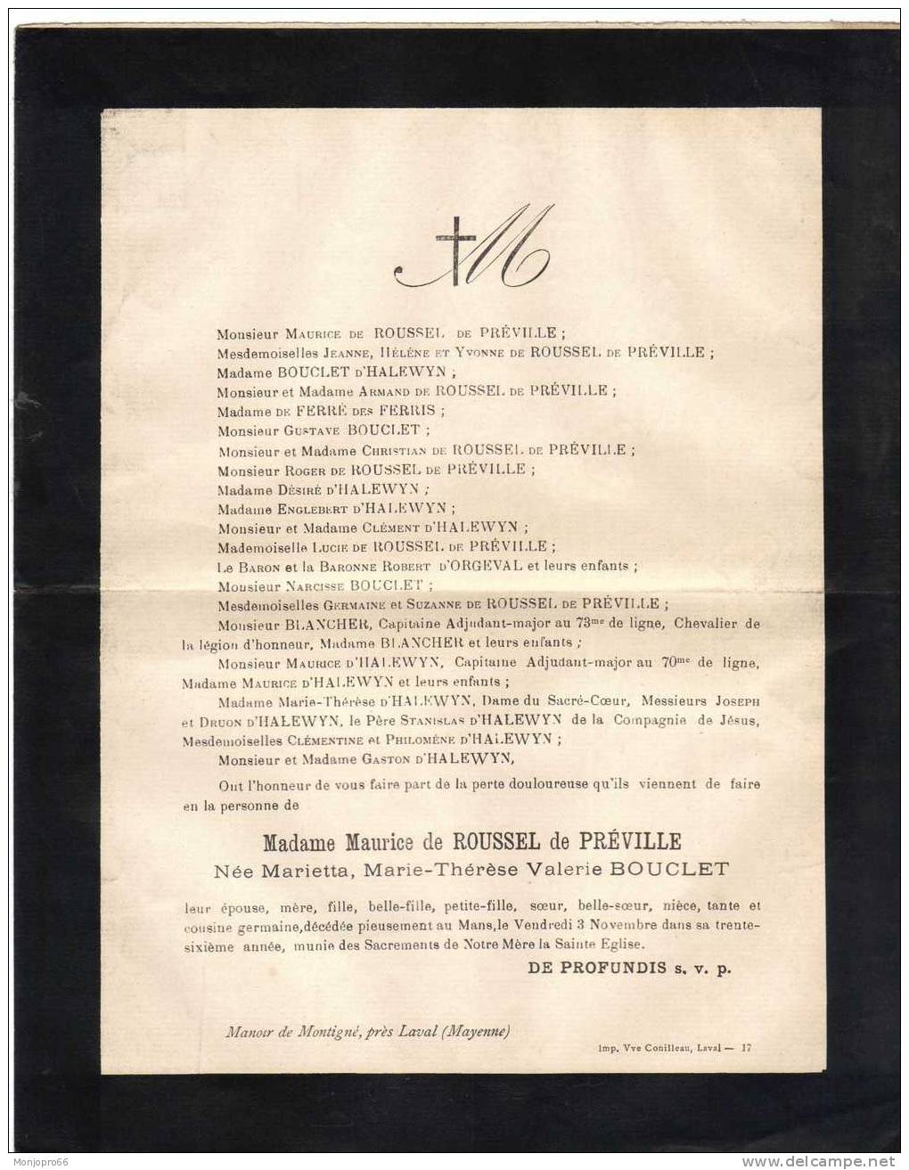 Enveloppe/Avis De Décès De Mme Maurice De ROUSSEL De PRÉVILLE Décédée Le 3 Novembre 1893 En Son  Manoir Près De Laval - Other & Unclassified