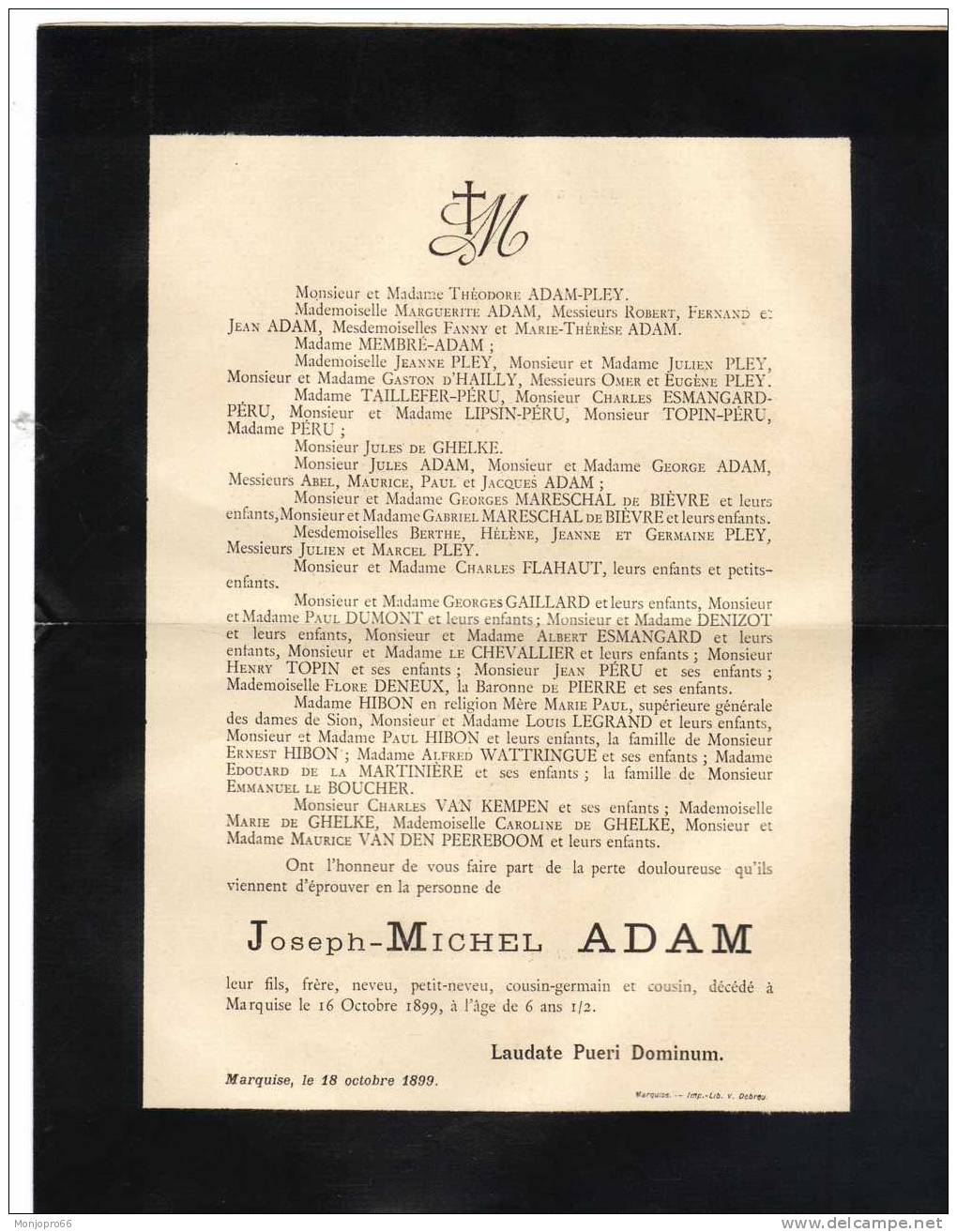 Enveloppe/Avis De Décès De Joseph Michel ADAM Décédé Le 16 Octobre 1899 à Marquise à L’âge De 6 Ans 1/2 - Altri & Non Classificati