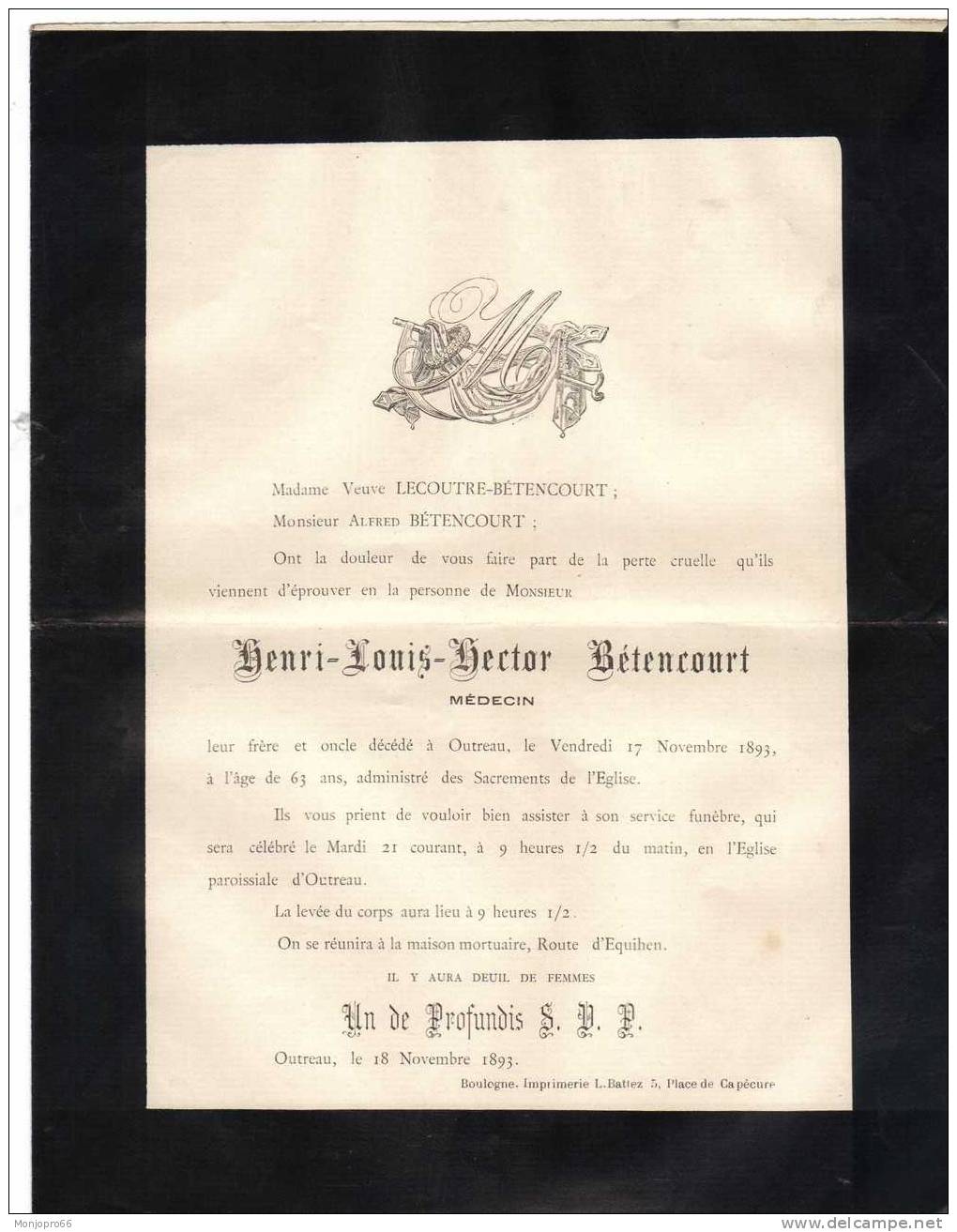 Enveloppe/Avis De Décès De Henri Louis Hector BÉTENCOURT Médecin Décédé Le 17 Novembre 1893 à Outreau - Andere & Zonder Classificatie