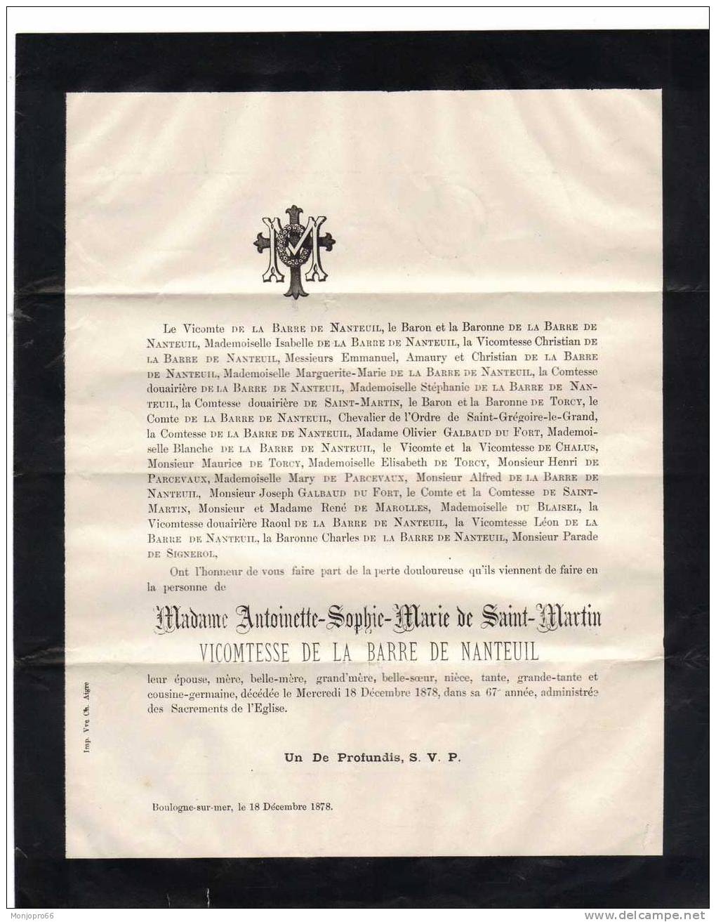 Enveloppe/Avis De Décès De Mme Antoinette Sophie Marie De SAINT MARTIN Vicomtersse Décédée Le 18 Décembre 1878 - Other & Unclassified