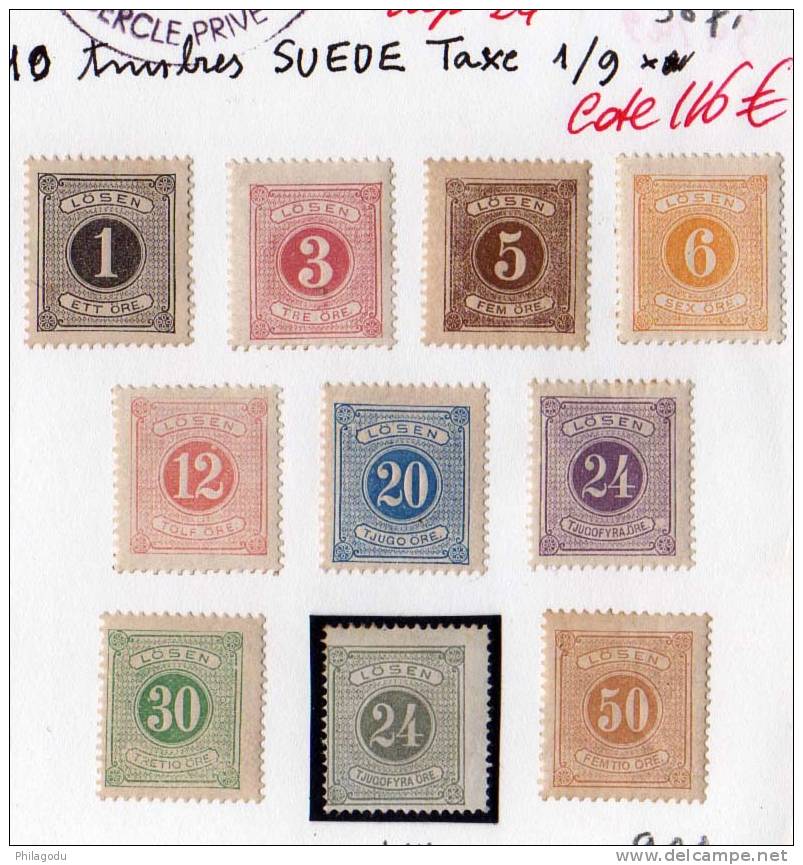 Suède 1874, Taxes, N° 1 / 9*   Neuf Avec Charnière, Cote 116 €, - Unused Stamps