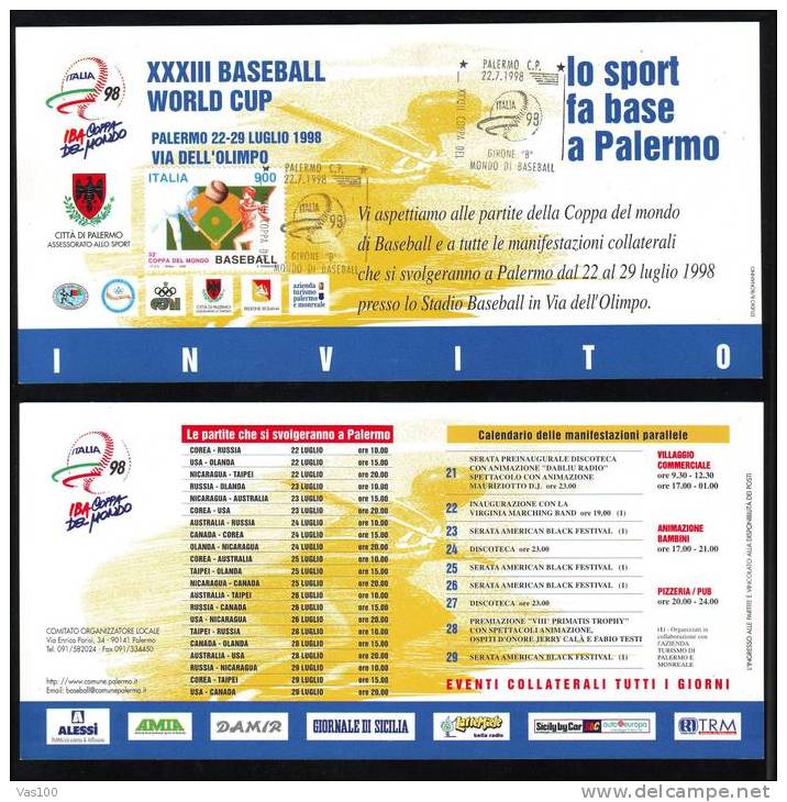 Italy 1998 PALERMO, WORLD CUP Baseball PROGRAM PLAYBILL WITH STAMP AND CANCELL. - Base-Ball