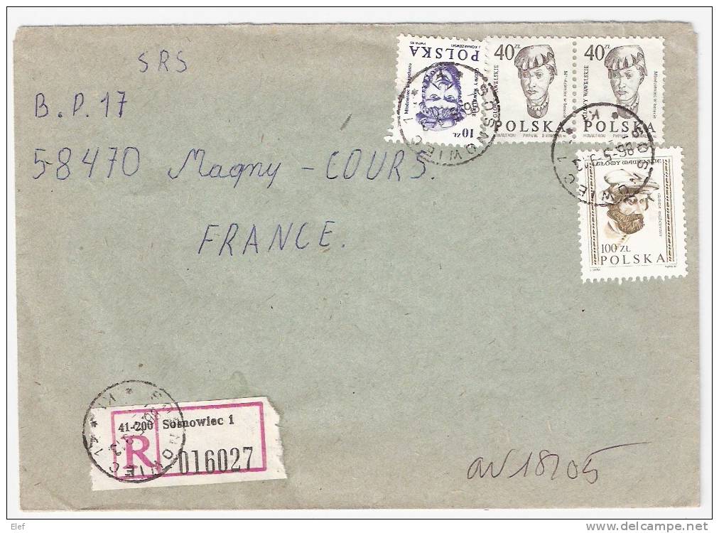 Lettre Recommandée  De  SOSNOWIEC ,Pologne/ Polska Avec Affranchissement Composé >Magny-Cours, France, 1989  ; TB - Storia Postale