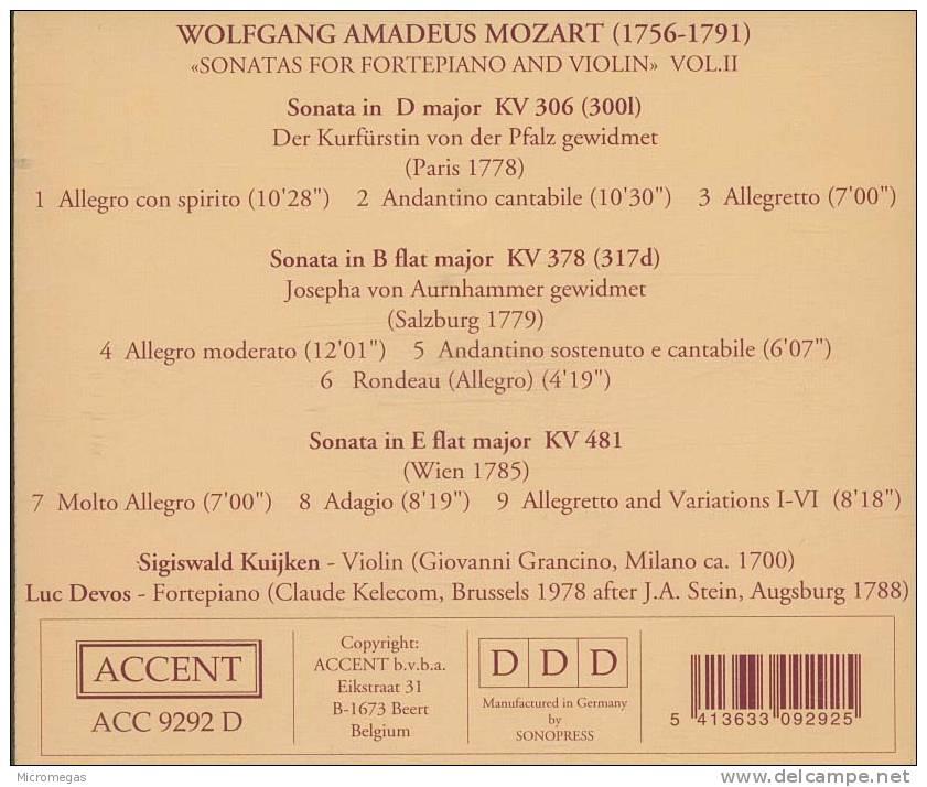 Mozart : Sonates Violon-piano Vol.2, Kuijken, Devos - Klassiekers