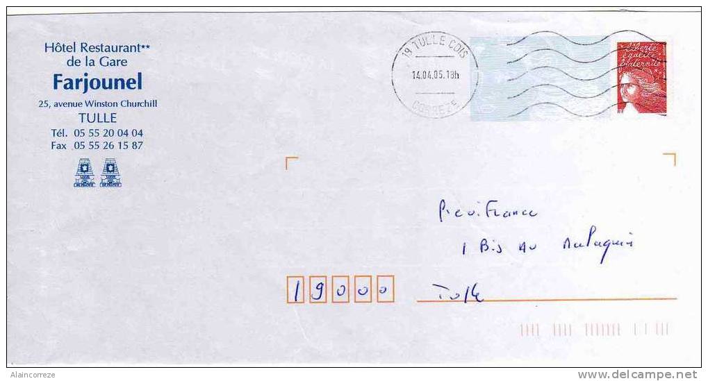 Entier Postal Repiqué. Hotel De La Gare Tulle. 2 Cheminées Logis De France - Prêts-à-poster:private Overprinting