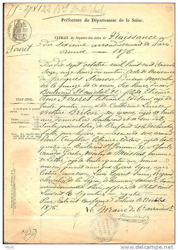 Extrait Du Registe Des Actes De Naissance Jacques Fouret (1876), Paris, 6° Arrondissement, Cachet Mairie - Nacimiento & Bautizo