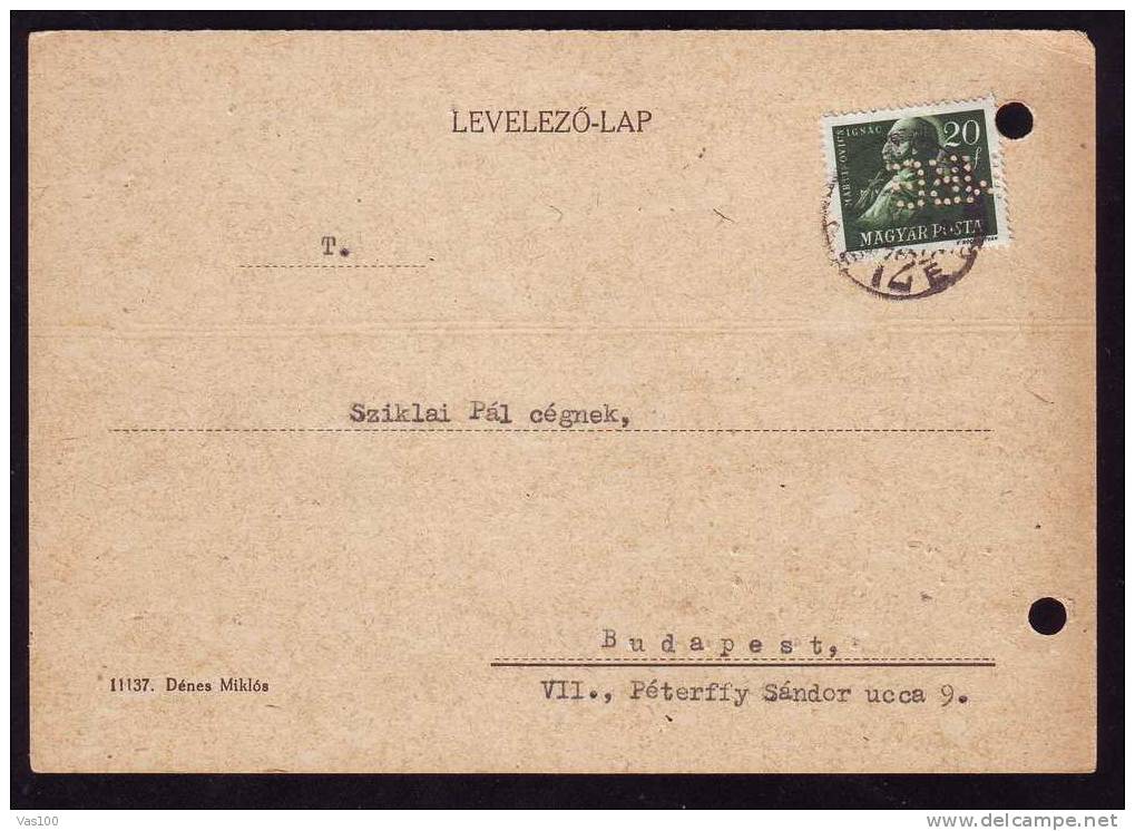 Hungary 1948 Perfin Stamp On PC Very Rare "MRG". - Perforiert/Gezähnt