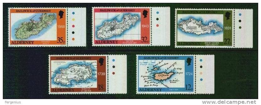 1989-Alderney-Unificato 37/41-Mappe- Nuovo Senza Linguella - Alderney