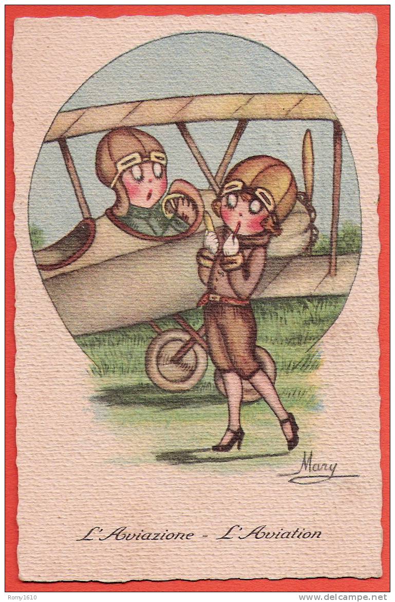 Jolie Fantaisie Sur Le Thème De L´ Aviation. Carte Signée Mary. - Autres & Non Classés