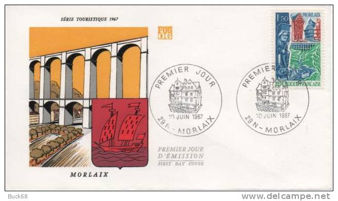 FRANCE 1505 FDC Premier Jour : MORLAIX Finistère Bretagne 10 06 1967 Pont Bridge Armoirie - 1960-1969