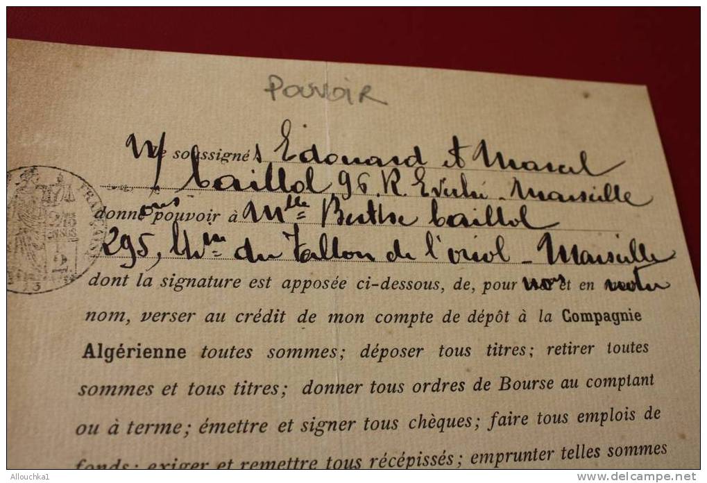 17-10-1925-POUVOIR DE LA  COMPAGNIE ALGERIENNE  A CAILLOL VALLON DE L´ORIOL + TIMBRE FISCAL DIT A SEC - Verkehr & Transport