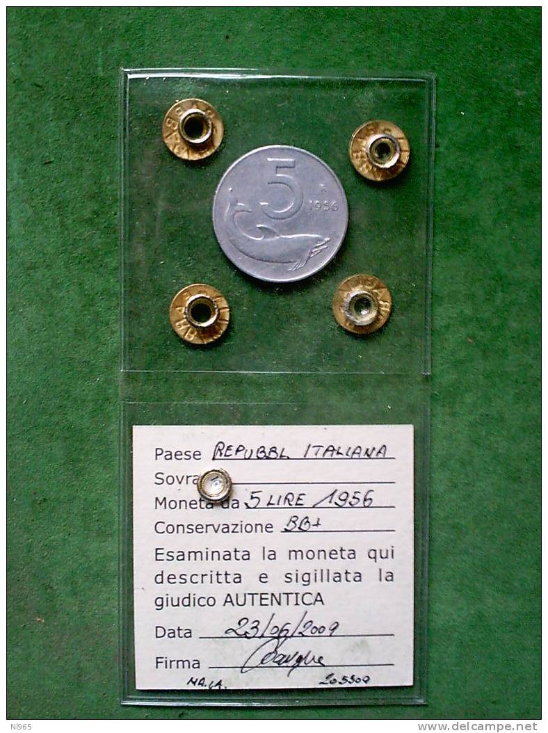 REPUBBLICA ITALIANA  - ITALY - LIRE 5  ANNO 1956  DELFINO  - BB +  SIGILLATA DA UN PERITO NUMISMATICO - 5 Lire