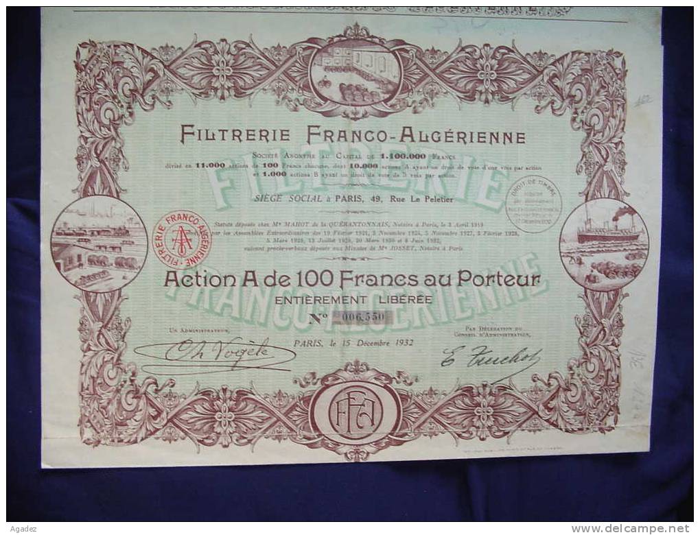 Action"Filtrerie Franco-algérienne" Paris 1932  Algérie - Afrique