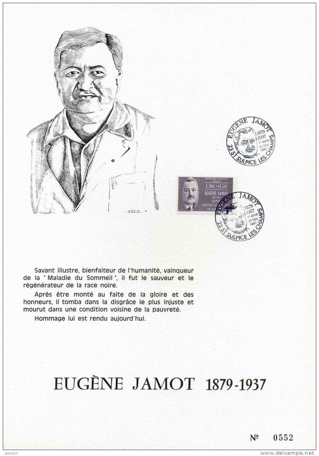 N° 2455  Eugène Jamot, Médecin Maladie Du Sommeil Sur Feuillet Commémoratif  1987 + - Other & Unclassified
