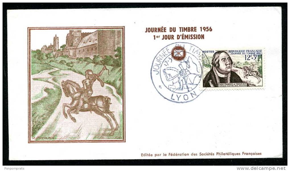 ENVELOPPE PREMIER JOUR JOURNEE DU TIMBRE 1956 LYON " F DE TASSIS " édition FSPF PETIT FORMAT - 1950-1959