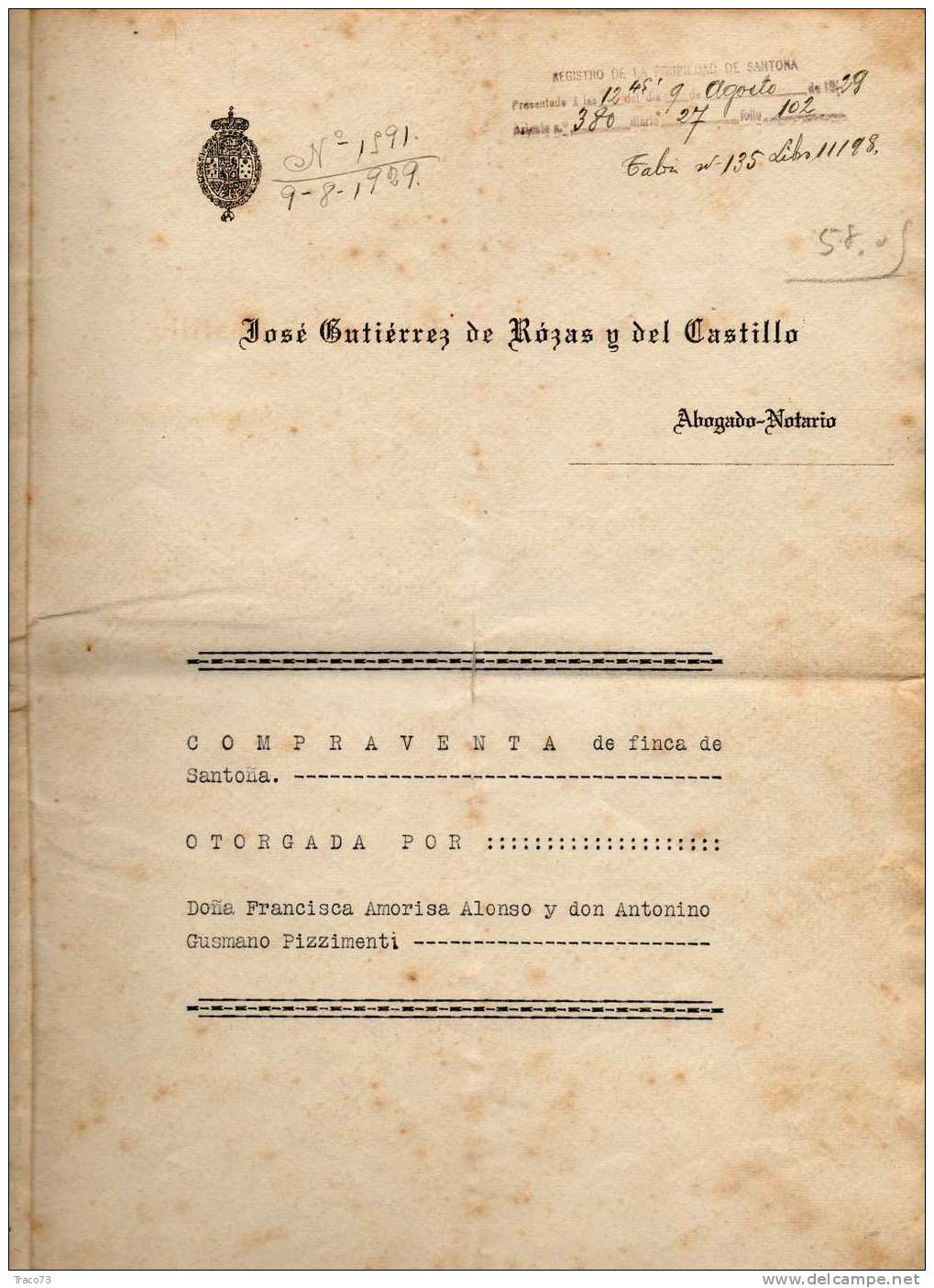 1929 - SPAGNA - MARCHE DA BOLLO SU ATTO NOTARILE COMPLETO    RR - Fiscale Zegels