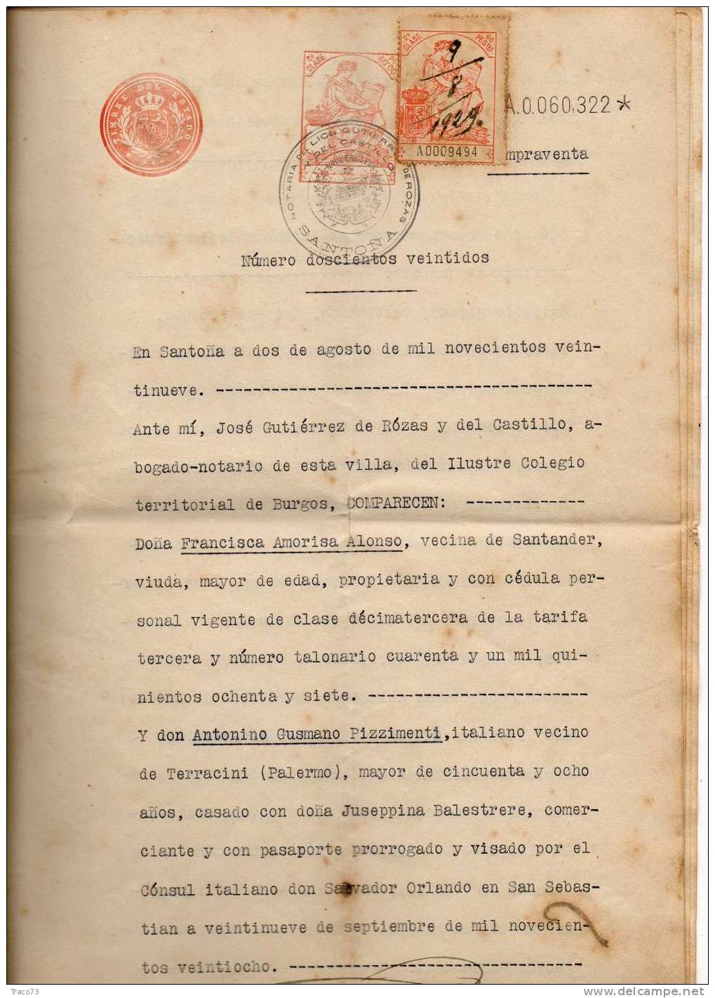 1929 - SPAGNA - MARCHE DA BOLLO SU ATTO NOTARILE COMPLETO    RR - Fiscales