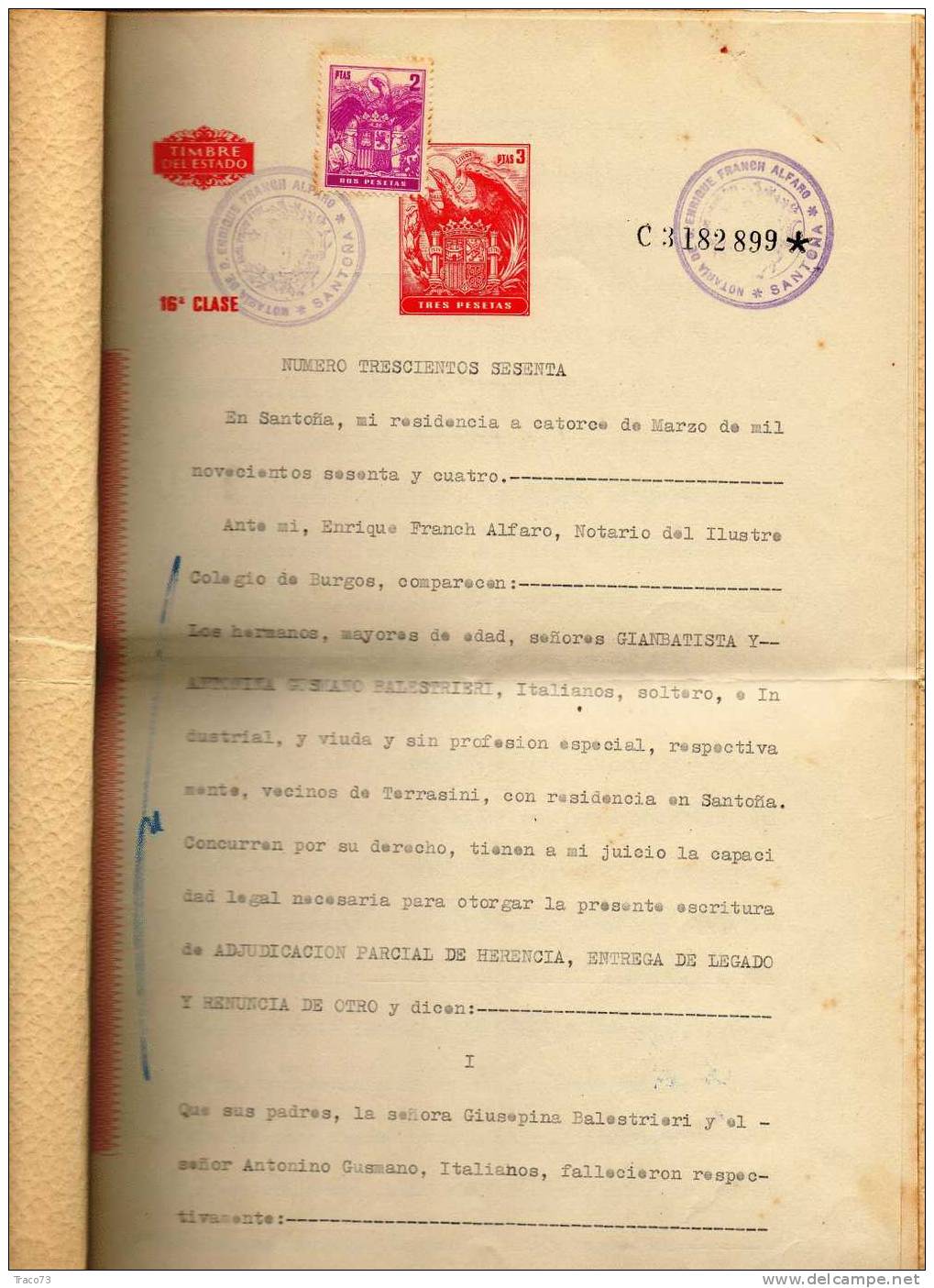 1964 - SPAGNA - MARCHE DA BOLLO SU ATTO NOTARILE COMPLETO    RR - Fiscale Zegels