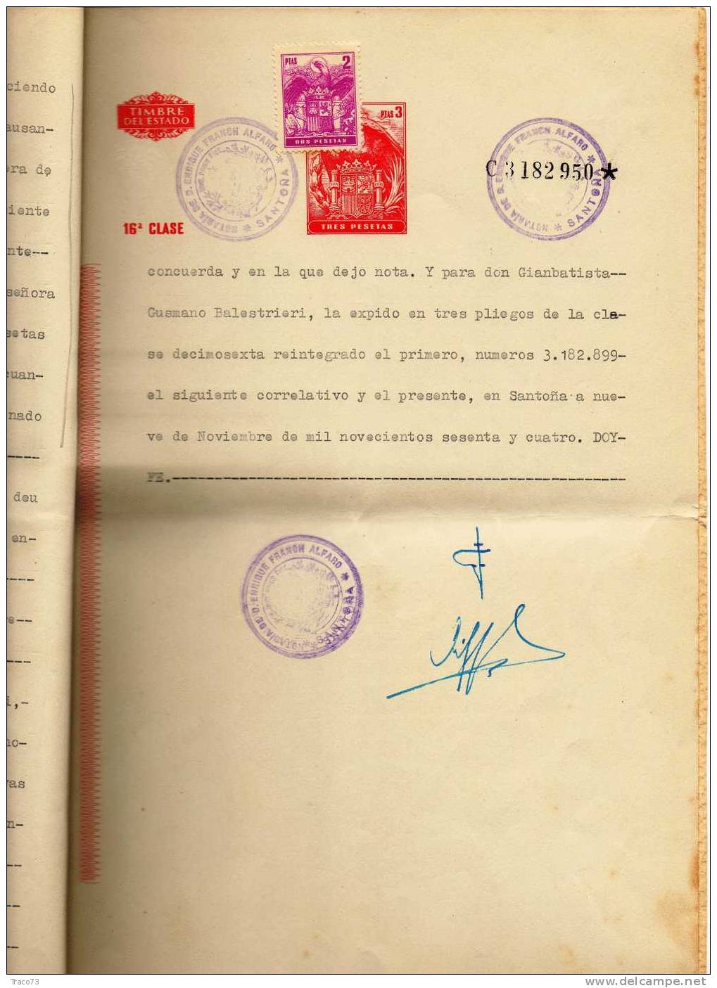 1964 - SPAGNA - MARCHE DA BOLLO SU ATTO NOTARILE COMPLETO    RR - Steuermarken