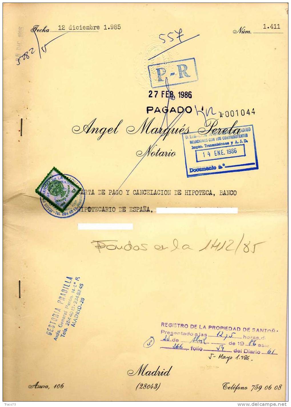 1985 - SPAGNA - MARCHE DA BOLLO SU ATTO NOTARILE COMPLETO    RR - Revenue Stamps