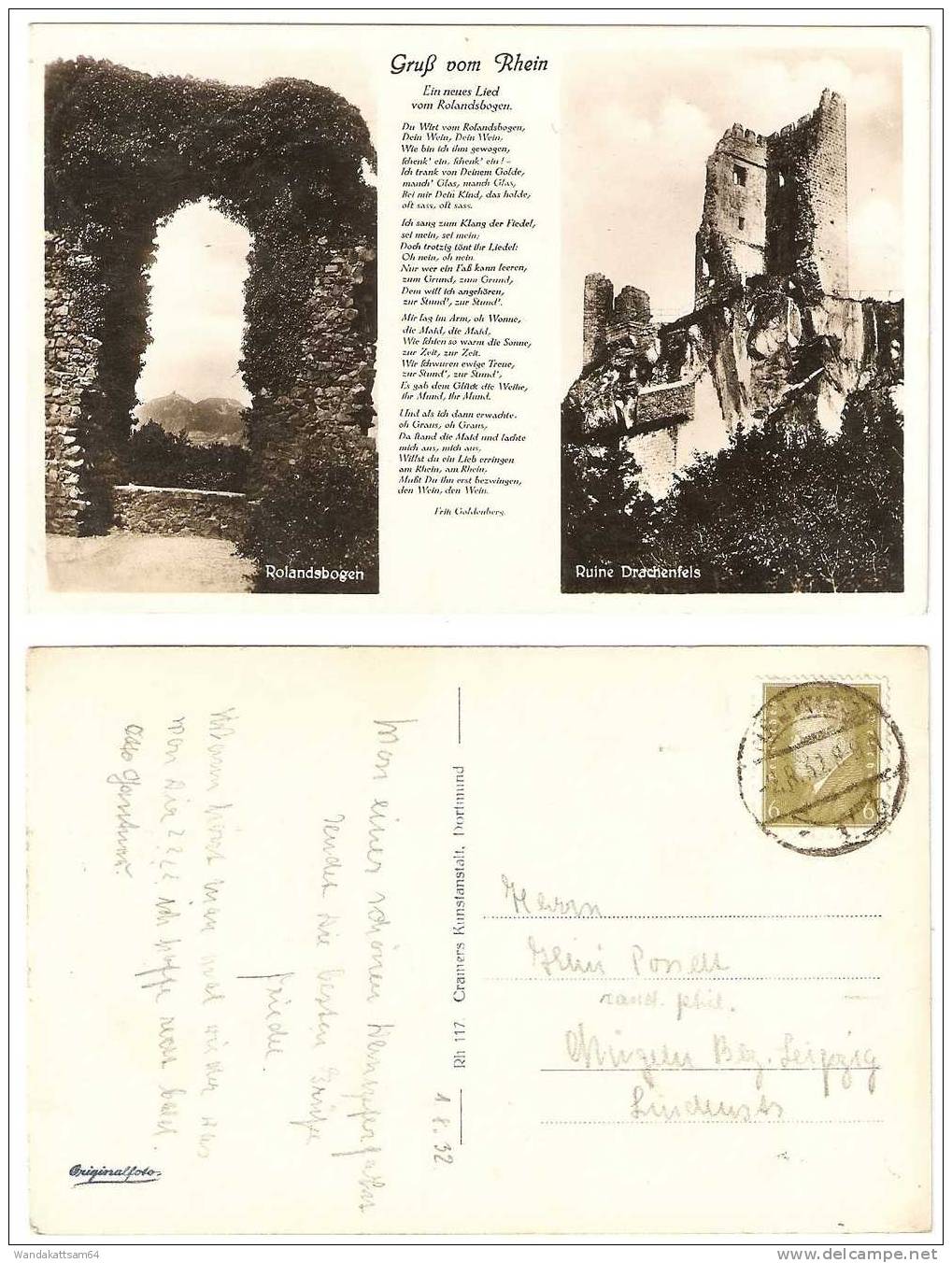 AK Gruß Vom Rhein Mehrbild 2 Bilder Ruine Drachenfels Und Rolandsbogen M Text Ein Neues Lied Vom Rolandsbogen 2.8.1932 - Remagen