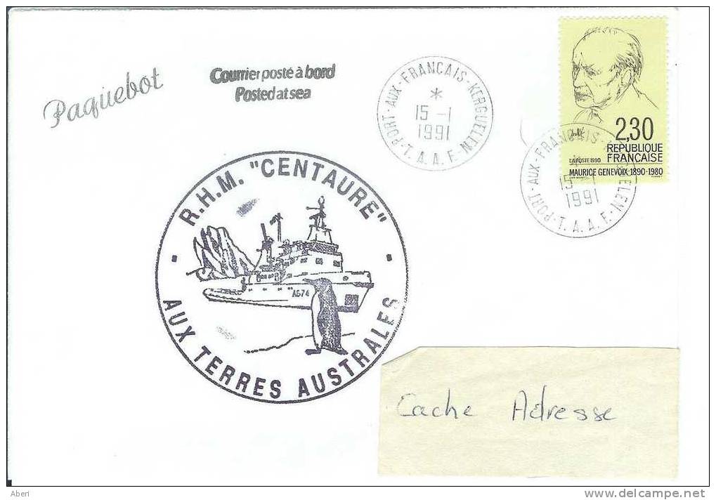 4677 R H M CENTAURE  à KERGUELEN - TAAF - 2éme Rotation - 15-1-91 - Lettres & Documents