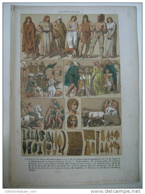 ORIGINAL ANTIQUE PRINT COLOUR LITHOGRAPHY GERMANIC FASHION WEAPONS TRANSPORT - Prints & Engravings