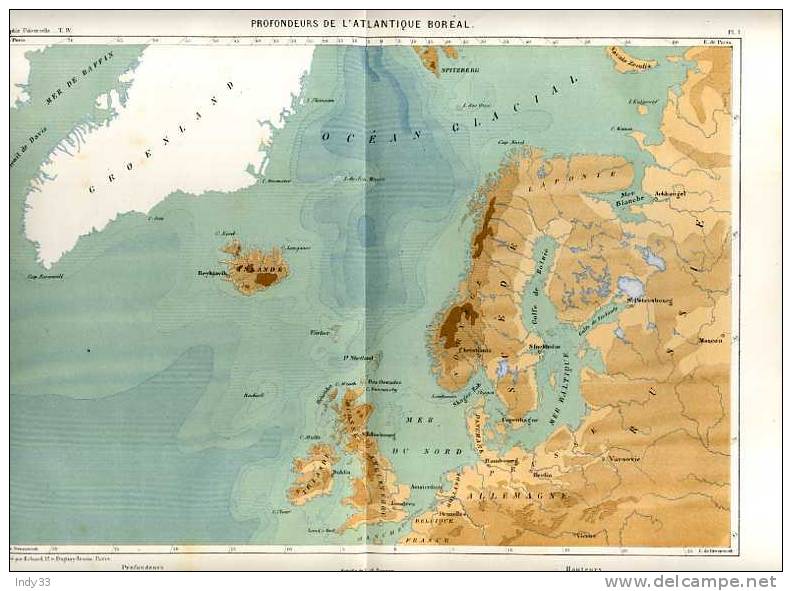 - PROFONDEUR DE L´ATLANTIQUE BOREAL . CARTE GRAVEE EN COULEURS AU XIXe S. - Cartes Marines