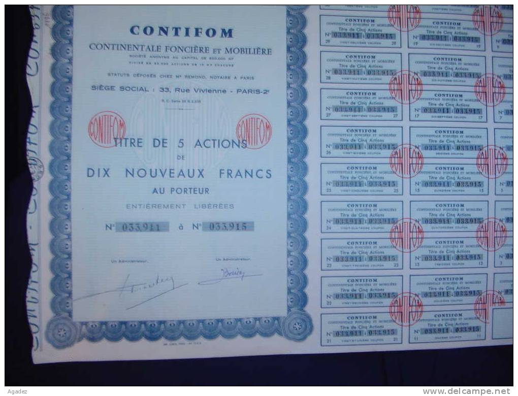 Titre De 5 Actions "Contifom"Continentale Foncière Et Immobilière ,  Paris. - Banque & Assurance