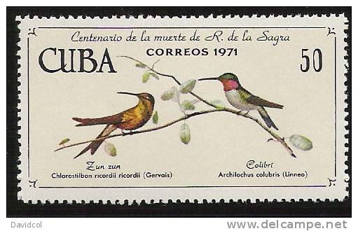P772.-.C  U B A.-( 1971 ).- " BIRDS /  PAJAROS- RAMON DE LA SAGRA, CENTENARIO " .- EDIFIL #: 1909 .- MNH.- - Colibríes