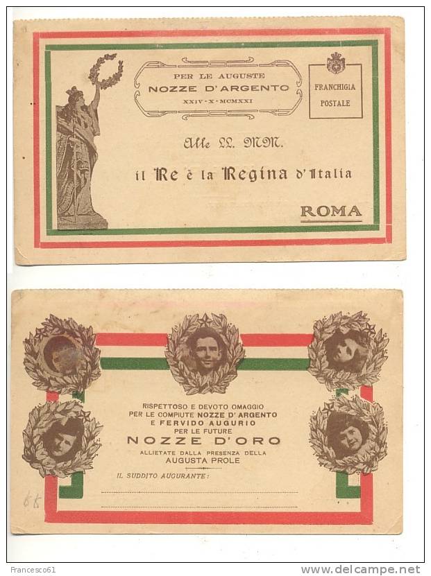 $$ FRANCHIGIA POSTALE REALI NOZZE ARGENTO 1921 RARA - Formato Piccolo 14x9 Cm Circa - Nozze