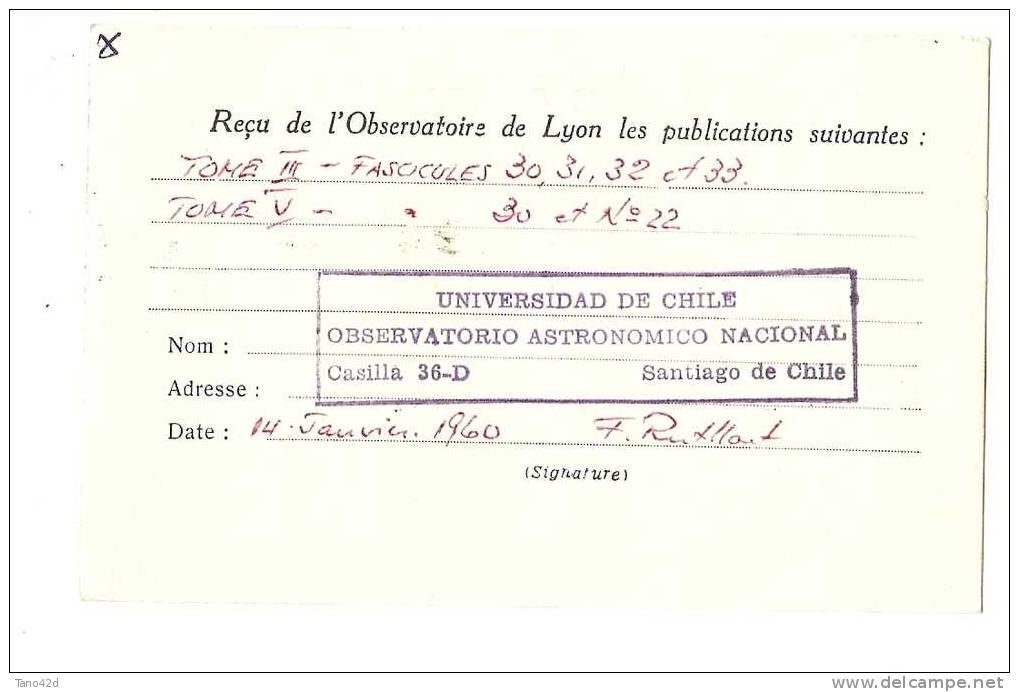 REF LPP5 - CHILI CARTE POSTALE "OBSERVATORIO ASTRONOMICO NACIONAL" SANTIAGO VERS LYON JANVIER 1960 - Chili