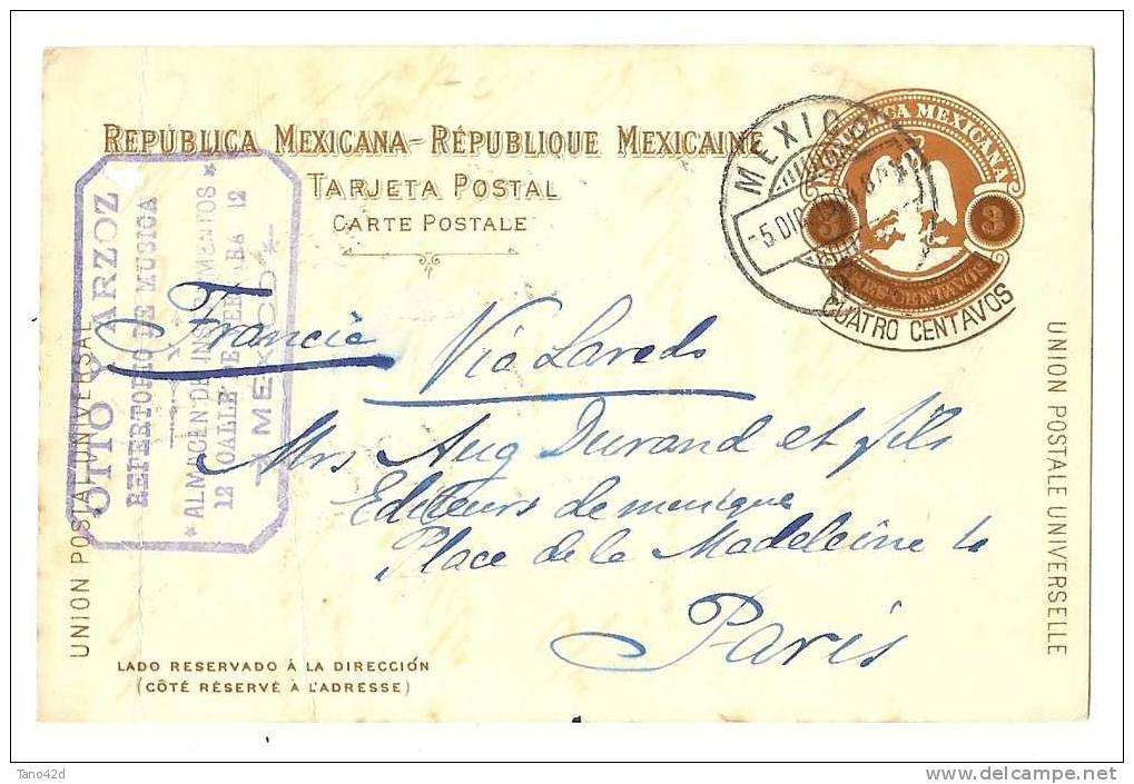 REF LPP5 - MEXIQUE ENTIER POSTAL CARTE POSTALE MEXICO / PARIS 5/12/1904 - Mexique