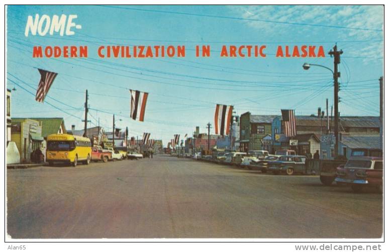 Nome AK Chrome Street Scene On 1960s Vintage Postcard, Bus, Autos - Otros & Sin Clasificación