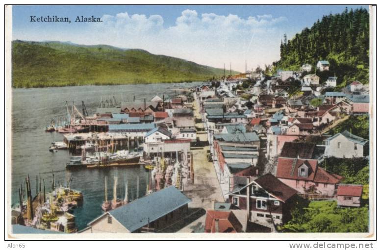 Ketchikan Alaska Harbor Harbour Ships Boats, C1920s Canadian National Railroad Postcard - Autres & Non Classés