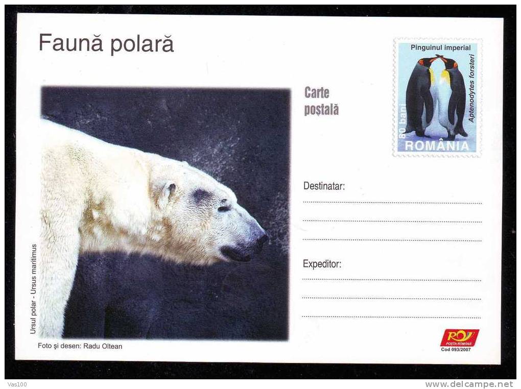 Ours Polaire /Manchot Empereur. Entier 2007 – Polar Bear, Emperor Penguin Stationery Postcard, Polar Year 2007 Pingouin - Ours