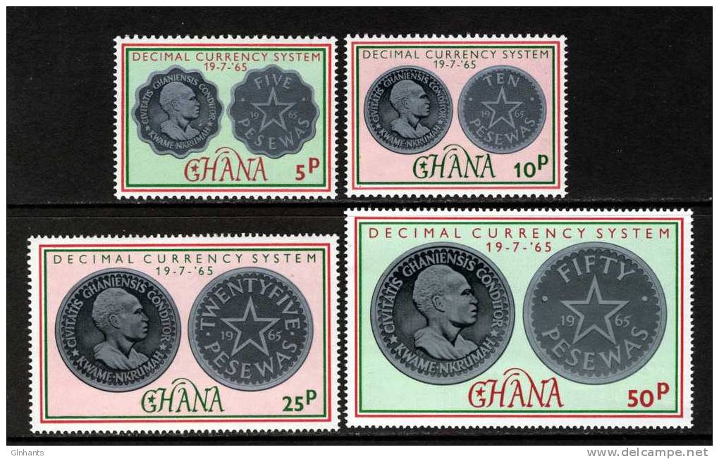 GHANA - 1965 DECIMAL CURRENCY COINS ON STAMPS SET (4V) FINE MNH ** - Monnaies