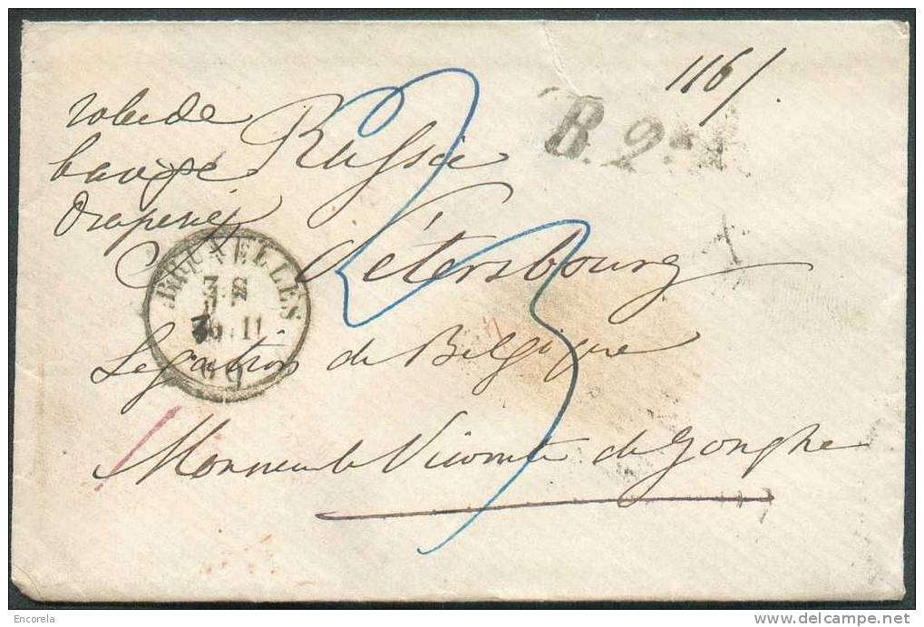 Enveloppe De BRUXELLES 30-11-1860 + Griffe B.2è.R. Vers St-Petersbourg (Russia), Man. ´2/3´ (encre) Dc Rouge (verso) AUS - Transit Offices