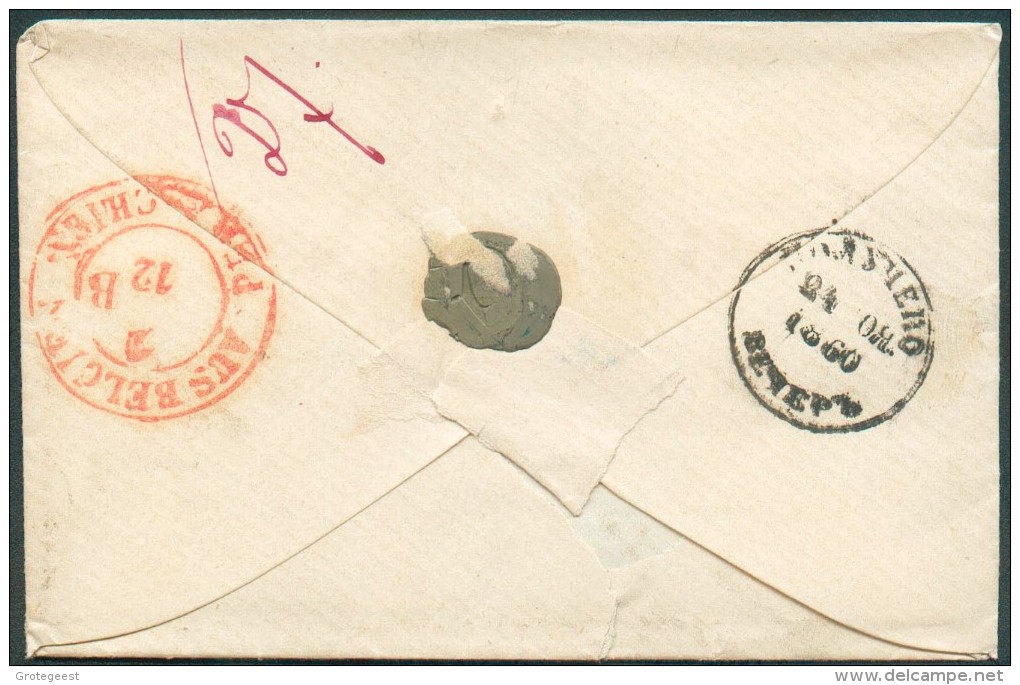 Enveloppe De BRUXELLES 30-11-1860 + Griffe B.2è.R. Vers St-Petersbourg (Russia), Man. ´2/3´ (encre) Dc Rouge (verso) AUS - Bureaux De Passage