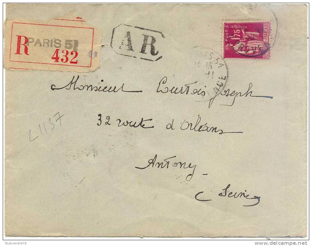 L 1137 : DEPT 75 (PARIS) LETTRE RECOMMANDEE AR CACHET MANUEL PARIS 51 1936 SUR 1,75 TYPE PAIX - Tarifs Postaux