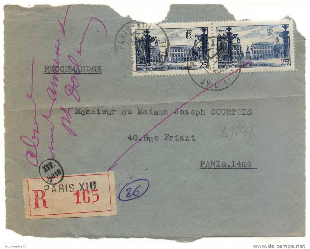 L 1142 : DEPT 75 (PARIS) FRAGMENT LETTRE RECOMMANDEE PARIS XVIII 1949 + CACHET FACTEUR - Postal Rates