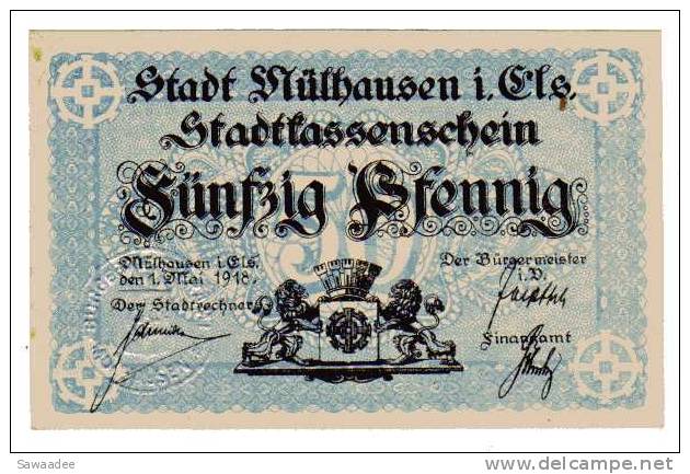 BILLET ALLEMAGNE - BILLET DE NECESSITE STADT MULHAUSEN (MULHOUSE) 50 PFENNING - 01/05/1918 - 1° Guerra Mondiale