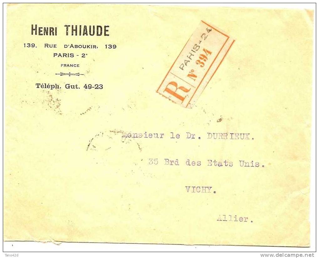 REF LPP5 - FRANCE SEMEUSE LIGNEE 50c BANDE DE 3 INTERPANNEAU SUR LETTRE RECOMMANDEE PARIS / VICHY 10/9/1926 - 1903-60 Semeuse Lignée