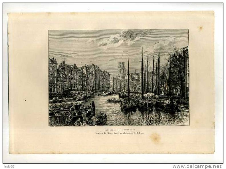 - ROTTERDAM . LE VIEUX PORT . GRAVURE SUR BOIS DU XIXe S. - Art