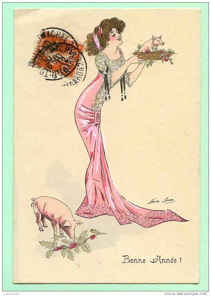 ILLUSTRATEUR XAVIER SAGER - SERIE K.F. Paris N° 4271 - " BONNE ANNEE " - FEMME ELEGANTE Avec Ses PETITS COCHONS - Sager, Xavier